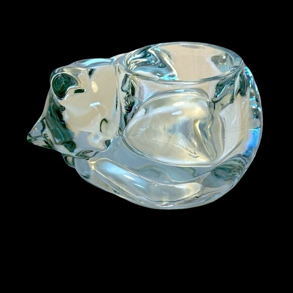 Vintage Clear Indiana Glass Sleeping Cat Kitten Votive Tea Light Candle Holder - Picture 1 of 4